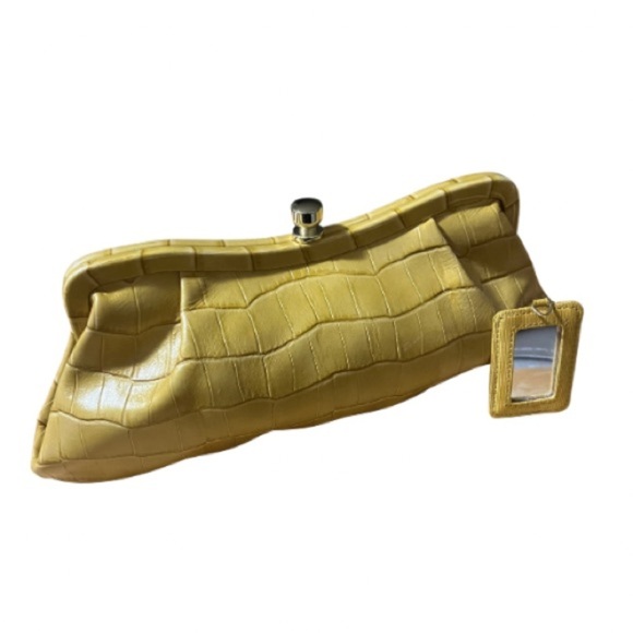 Banana Republic mustard croc-embossed leather clutch w/attached small mirror